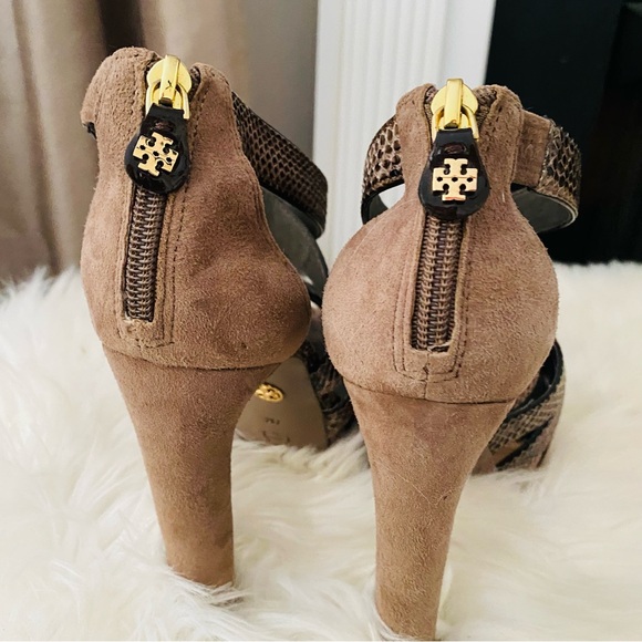 Tory Burch Python Leather and Suede Platform Heel Sandals - Picture 13 of 15